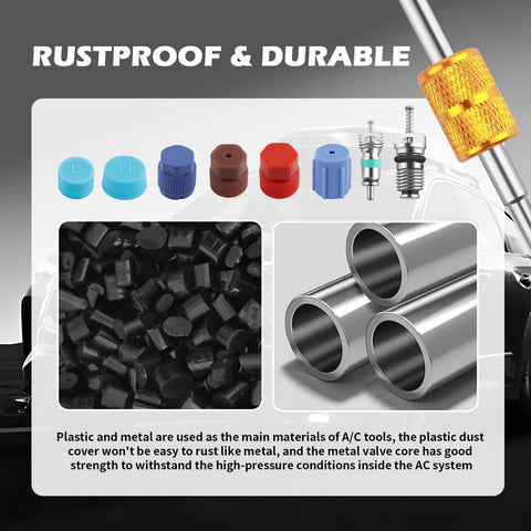 33 Piece Car AC Valve Core Kit DIY Friendly With High And Low Pressure Caps and metal components displayed against car tools
