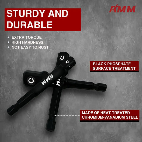 Six Piece Impact Grade Socket Adapters Set For Power Drill To High Torque Impact Wrench, Includes One Quarter Inch, Three Eighths Inch And One Half Inch Hex Shank Adapters, Heavy Duty Chromium Vanadium Steel With Black Oxide Finish, displayed with durability features.