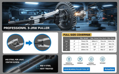 Heavy Duty Gear Puller Set With 2 And 3 Jaw Configurations 4 Piece Kit showing professional 3-jaw puller in use on gear.