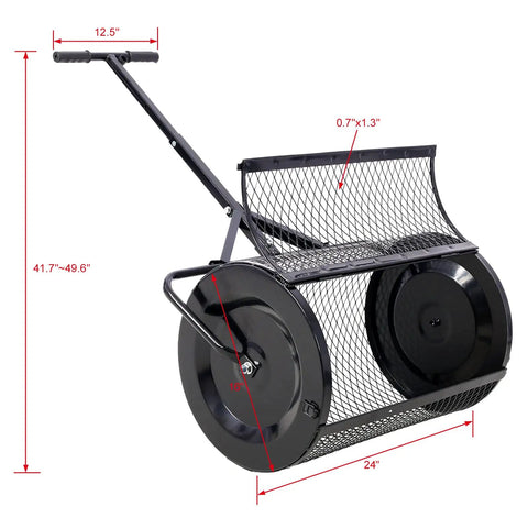 24 Inch Peat Moss Spreader With Steel Mesh Roller And T Shape Handle Heavy Duty Lawn And Garden Care Tool For Even Seed And Material Spreading In Large Backyards with dimensions shown