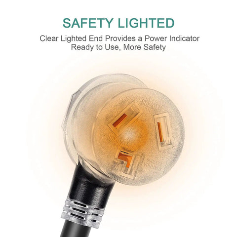 Dryer Extension Cord 3 Prong 50 Feet Heavy Duty NEMA 10-30P To 10-30R With Lighted End 125V 250V UL Listed close-up view
