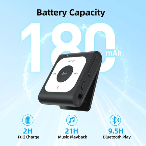 180mAh battery in 64GB Clip MP3 Player With Bluetooth For On The Go Music Ultra Portable Clip On Player With Simple Button Controls Hands Free