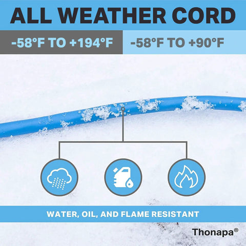 Blue Beefy All Weather 50 Ft Extension Cord With 3 Outlets in snow, heavy duty outdoor cable, extreme temperature range -58F to 194F
