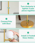 Assembly steps for 67.5 Inch Mid Century Modern Globe Floor Lamp With Dimmable LED Brightness, showing gold brass finish pole and base.