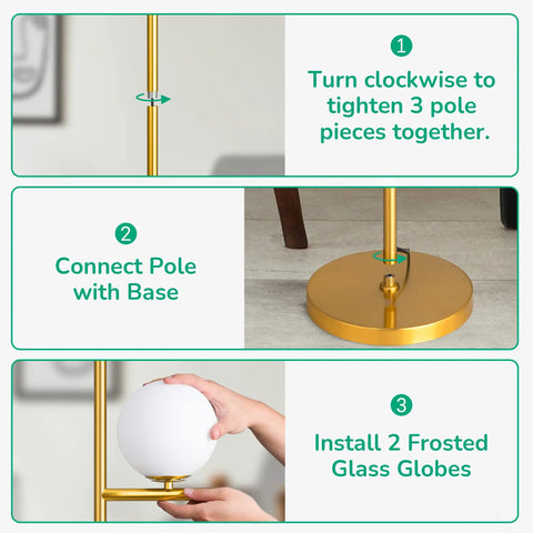 Assembly steps for 67.5 Inch Mid Century Modern Globe Floor Lamp With Dimmable LED Brightness, showing gold brass finish pole and base.