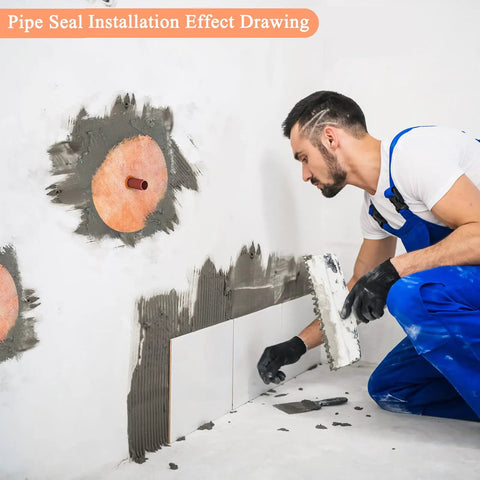Installer applying Eight Piece Pro Grade Waterproof Shower Seal Kit with pipe seal, heavy duty rubber membrane on bathroom wall.