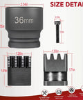 Size details of Duramax Flywheel Locking Tool Kit with 36mm harmonic balancer socket and 3/4 inch drive components.