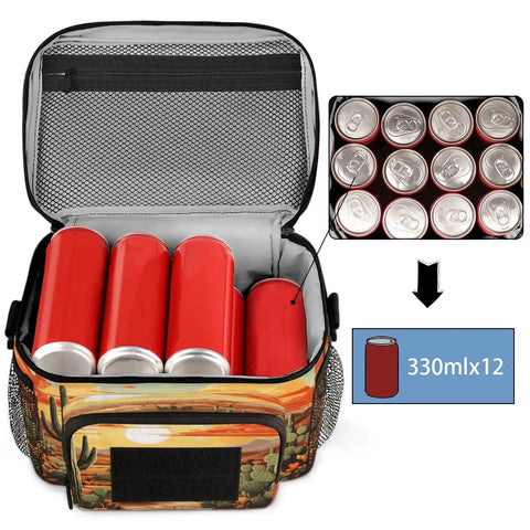 Open Flower Cactus Desert Tactical Lunch Bag For Men And Women Insulated Leakproof with cans inside, 7L capacity.