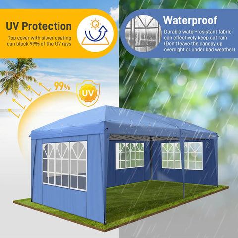 Blue Ten By Twenty Foot Pop Up Canopy Tent With Six Sidewalls Blue Outdoor Gazebo For Patio Events Easy One Or Two Person Setup In Minutes Includes Carry Bag Premium Commercial Grade Party Shelter shown with UV protection and waterproof features.
