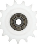 Kickass Professional Grade UHMW Idler Sprocket For Size 60 Single Strand Roller Drive With Built In Precision Bearing Type C Hub 0.75 Pitch 15 Teeth 0.51 Bore, front view.
