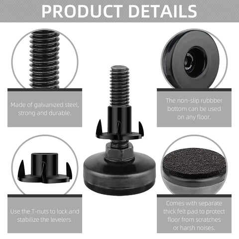 Three Eighth Inch Thread Leg Levelers 24 Pack Beefy Heavy Duty Adjustable Furniture Feet With Threaded Inserts detail view