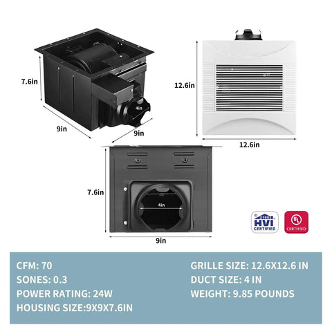 Ultra Quiet 70 CFM Bathroom Exhaust Fan With 0.3 Sone Noise Level Energy Star Qualified UL Listed Delivers Strong Airflow For 75 To 80 Sq Ft 9 Inch By 9 Inch Housing 4 Inch Duct Ceiling Mount Durable Motor With 25,000 Hour Life detailed dimensions and features.