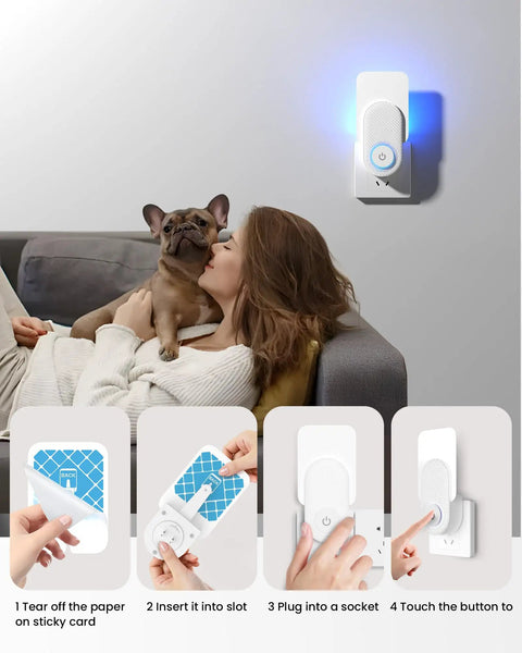 Woman relaxing on sofa with dog, Two Pack Plug In Flying Insect Trap Kit With Ten Refills Purple UV Light Bug Zapper plugged in.