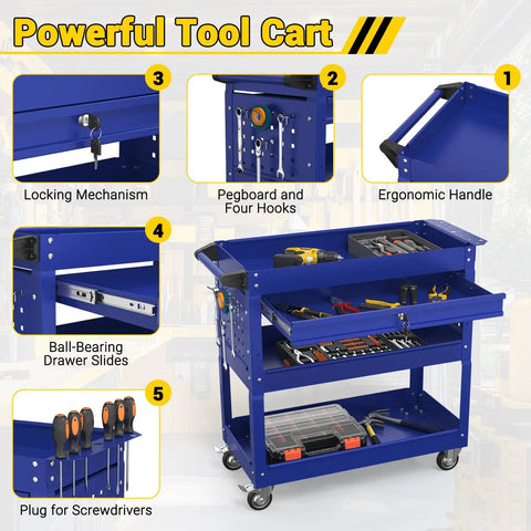 Detailed features of Three Tier Rolling Tool Cart On Wheels With 550-Lb Capacity Drawers Pegboard And Hook Heavy Duty Utility Cart