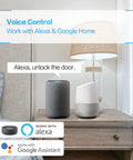 Smart Door Lock Handle With Fingerprint Biometric Security For Bedroom Home And Office Use Durable Keyless Entry And Auto Lock High Tech Door Levers with voice control compatibility shown beside Alexa and Google Home devices on a nightstand.