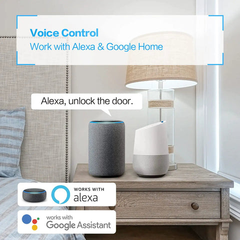 Smart Door Lock Handle With Fingerprint Biometric Security For Bedroom Home And Office Use Durable Keyless Entry And Auto Lock High Tech Door Levers with voice control compatibility shown beside Alexa and Google Home devices on a nightstand.