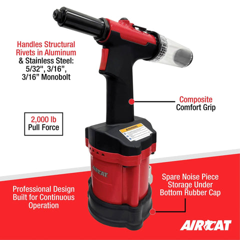 Pro Shop 3/16 Air Hydraulic Rivet Gun Built Tough For Crushing Through Aluminum And Stainless Steel With 2000 Lb Pull Force And No Fuss Mandrel Vacuum Cleanup