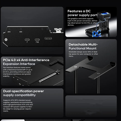 Premium External Gpu Dock Station Featuring Dual Thunderbolt 5 Ports And OCuLink PCIe X4 EGPU Enclosure For Nvidia Graphics ATX SFX Power Support Smooth Transfer Beast Mode Rig, showing ports and power supply features.