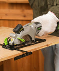 20V Cordless Mini Circular Saw With Laser Guide And Dual Blades Compact Wood Cutter featuring a copper motor cutting plywood.