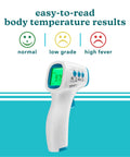 Non Contact Infrared Forehead Thermometer With 2 Second Readings Clinically Proven Fast And Accurate High Fever Alert 4 In 1 For Body Food Liquid And Room Temperature With Digital Backlit Display, white plastic