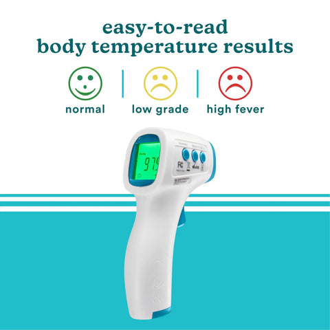 Non Contact Infrared Forehead Thermometer With 2 Second Readings Clinically Proven Fast And Accurate High Fever Alert 4 In 1 For Body Food Liquid And Room Temperature With Digital Backlit Display, white plastic