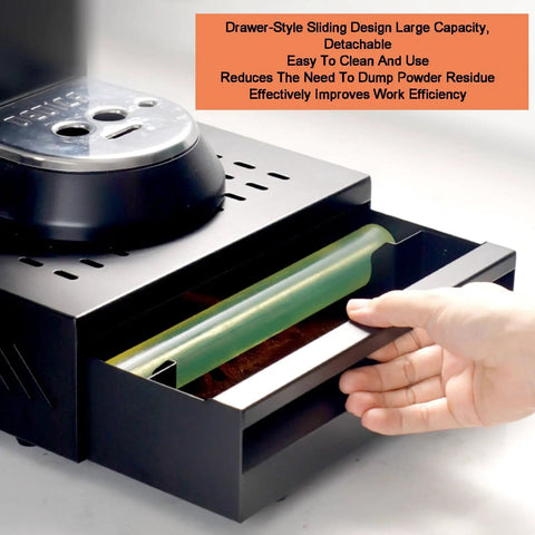 Heavy Duty Espresso Knock Box Drawer Featuring Shock Absorbing Removable Tap Bar And Grip Lock Base Designed To Save Counter Space And Keep Your Daily Brew Routine Zero Mess In Black, showing drawer opening.