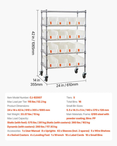 5 Tier Rolling Bin Storage Rack With 16 Organizer Bins, heavy duty wire shelving on casters, silver color, labeled bins visible