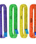 Heavy Duty Polyester Endless Round Sling For Hoists And Lifting, Reliable Round Sling Rope And Web Sling Straps, Ultra Strong Lift Slings For Heavy Loads Up To 1T With 2M Length, Low Stretch, Flexible Load Support shown in multiple colors, including purple, green, yellow, and orange.