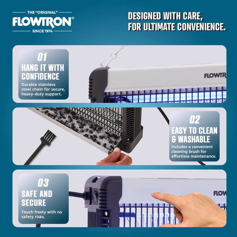 Flowtron indoor bug zapper showing hanging, cleaning, and safety features with 3000V non-clogging grid and dual 6W UV bulbs.