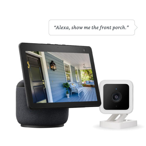 Color Night Vision 1080p Indoor And Outdoor Security Camera with Alexa display, showing porch surveillance footage