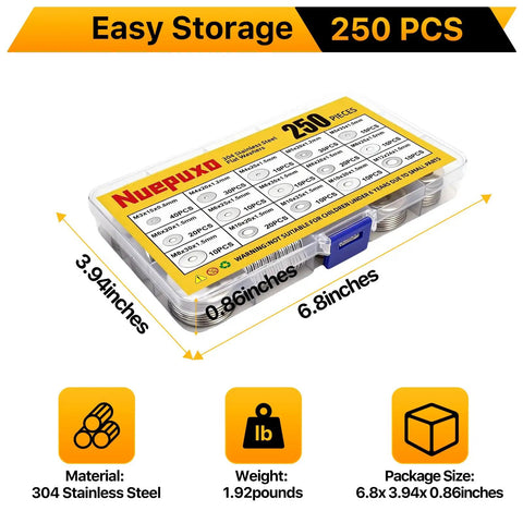 250 Piece Flat Washers Set In 304 Stainless Steel Fender Style 15 Sizes M3-M12 in clear box, dimensions shown