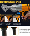 Cordless Sheet Metal Shear With LED Light And Brushless Motor For 20V Batteries in use, showing speed control settings