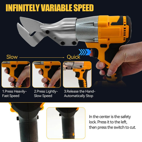 Cordless Sheet Metal Shear With LED Light And Brushless Motor For 20V Batteries in use, showing speed control settings