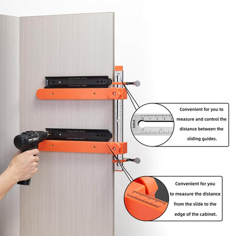 Drawer Slide Jig For Cabinets And Drawers With Laser Engraved Double Scale Markings Precision Tool For Fast And Accurate Installations Perfect For DIYers And Pros Keeps Cabinet Slides Aligned And Installations On Point in use on cabinet
