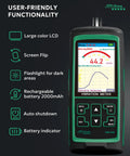 Pro Grade Vibration Analyzer VM 428 With External Sensor And PC Software For Motors Pumps Turbines And Machinery Five Parameter Diagnostics ISO Rating 0.1 To 300 Meters Per Second Squared Acceleration 1 To 850 Millimeters Per Second Velocity 30 Hz To 14. handheld vibration meter with color LCD, keys, and battery icon