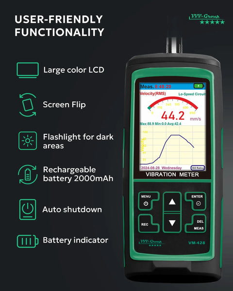 Pro Grade Vibration Analyzer VM 428 With External Sensor And PC Software For Motors Pumps Turbines And Machinery Five Parameter Diagnostics ISO Rating 0.1 To 300 Meters Per Second Squared Acceleration 1 To 850 Millimeters Per Second Velocity 30 Hz To 14. handheld vibration meter with color LCD, keys, and battery icon