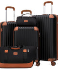 Cosbarn 5-piece luggage set on wheels; black ABS with tan accents, includes two uprights, carry-on, duffel, and zip pouch
