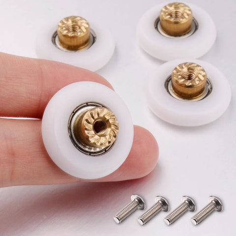 4 Pcs Shower Door Rollers Runners Wheels 19mm Replacement Part For Bathroom Glass Sliding Shower Doors Roller Wheel Set shown close-up.