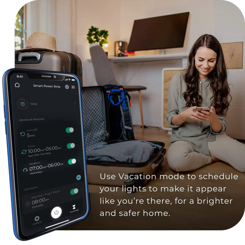 Wi Fi Smart Surge Protector Power Strip Featuring Four Independently Controlled Grounded Outlets Quick Charge Usb Ports Plugging In Is A Breeze Compatible With Alexa And Google Home Fully Adjustable Gray, smartphone with app in hand, woman planning settings, cozy home setting.