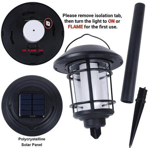 Components of Six Pack Solar Flame Torch Lights Outdoor Dual Use Flickering Purple Flame Garden Lanterns Auto On Off Waterproof.