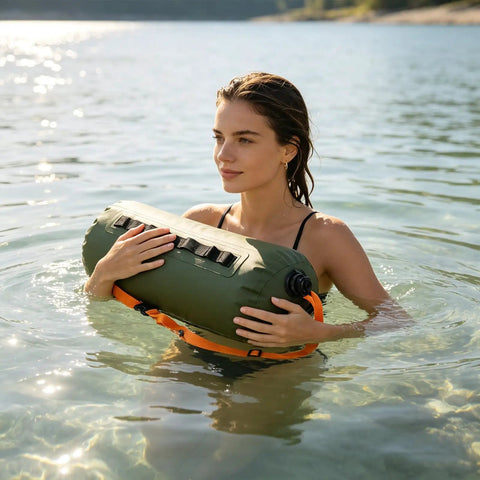 Person using Do It All 3 In 1 Inflatable Water Weight Bag for camping, swim float and tent anchor, portable storage, 10L green.