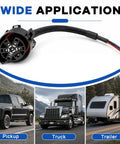 Bulletproof USCAR Seven Pin Trailer Wiring Harness With Multi Tow Connector For Rvs And Pickup Trucks Heavy Duty Copper Cables Knockout Flex Design One Hand Plug In Install close-up of connector and wiring.
