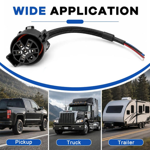 Bulletproof USCAR Seven Pin Trailer Wiring Harness With Multi Tow Connector For Rvs And Pickup Trucks Heavy Duty Copper Cables Knockout Flex Design One Hand Plug In Install close-up of connector and wiring.