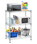 Metal shelving unit with kitchen appliances and food items, showing stability using 72 Pcs Wire Shelf Clips for 1 Inch Posts.