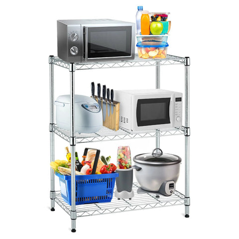 Metal shelving unit with kitchen appliances and food items, showing stability using 72 Pcs Wire Shelf Clips for 1 Inch Posts.