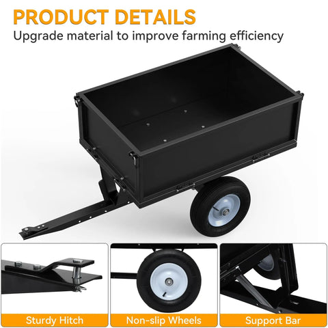 Beefy Heavy Duty Steel Dump Cart For ATVs And Tractors With Fold Down Side Panels 500 Lb Capacity Utility Trailer with black finish
