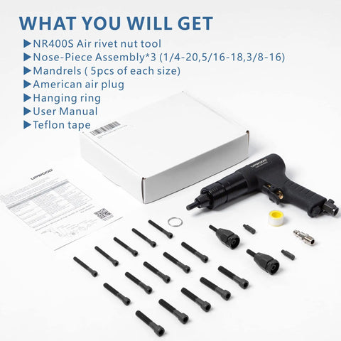 Heavy Duty Pneumatic Rivet Nut Gun With Quick Change Nose Piece For 1/4-20, 5/16-18 And 3/8-16 Nuts, tool parts included