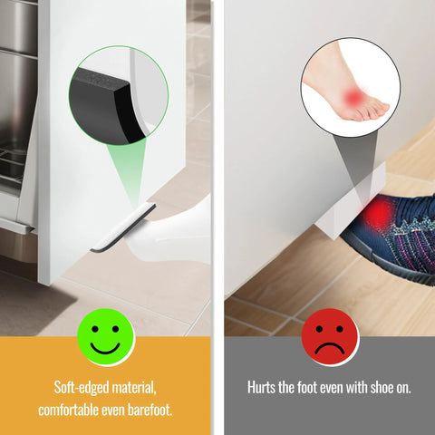 Comparison of soft-edged black material on Adhesive Toe Pull For Trash Cabinet Doors Hands Free Foot Operated Door Opener White 1 Pack.