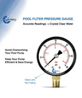 CARBO pool filter water pressure gauge with brass 1/4 in NPT lower connection and glass lens; dual bar/psi scale