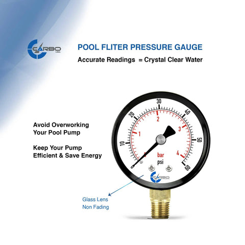 CARBO pool filter water pressure gauge with brass 1/4 in NPT lower connection and glass lens; dual bar/psi scale